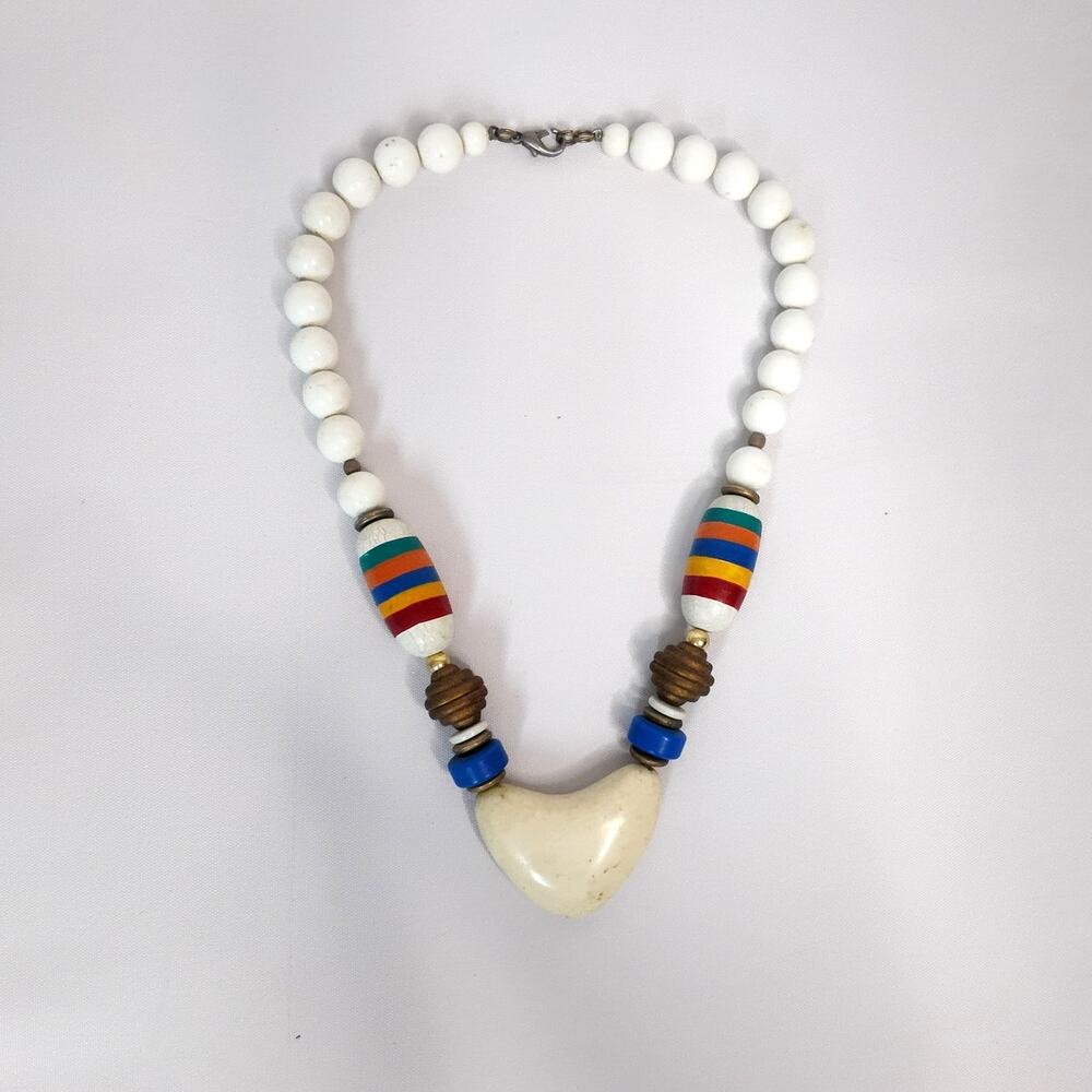 Vintage Native American Inspired Hand Painted Wood Beads With Heart Pendant.